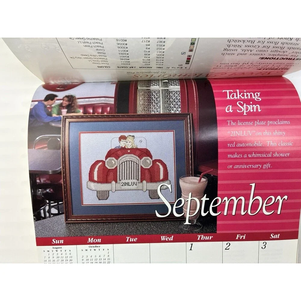 Calendar Cross Stitch 12 Patterns 1994 Rose Cat Daffodil Ballerina Car USA Bear
